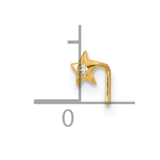 14K Yellow Gold Cubic Zirconia Star L-Shape Nose Stud Piercing Ring (23 Gauge)