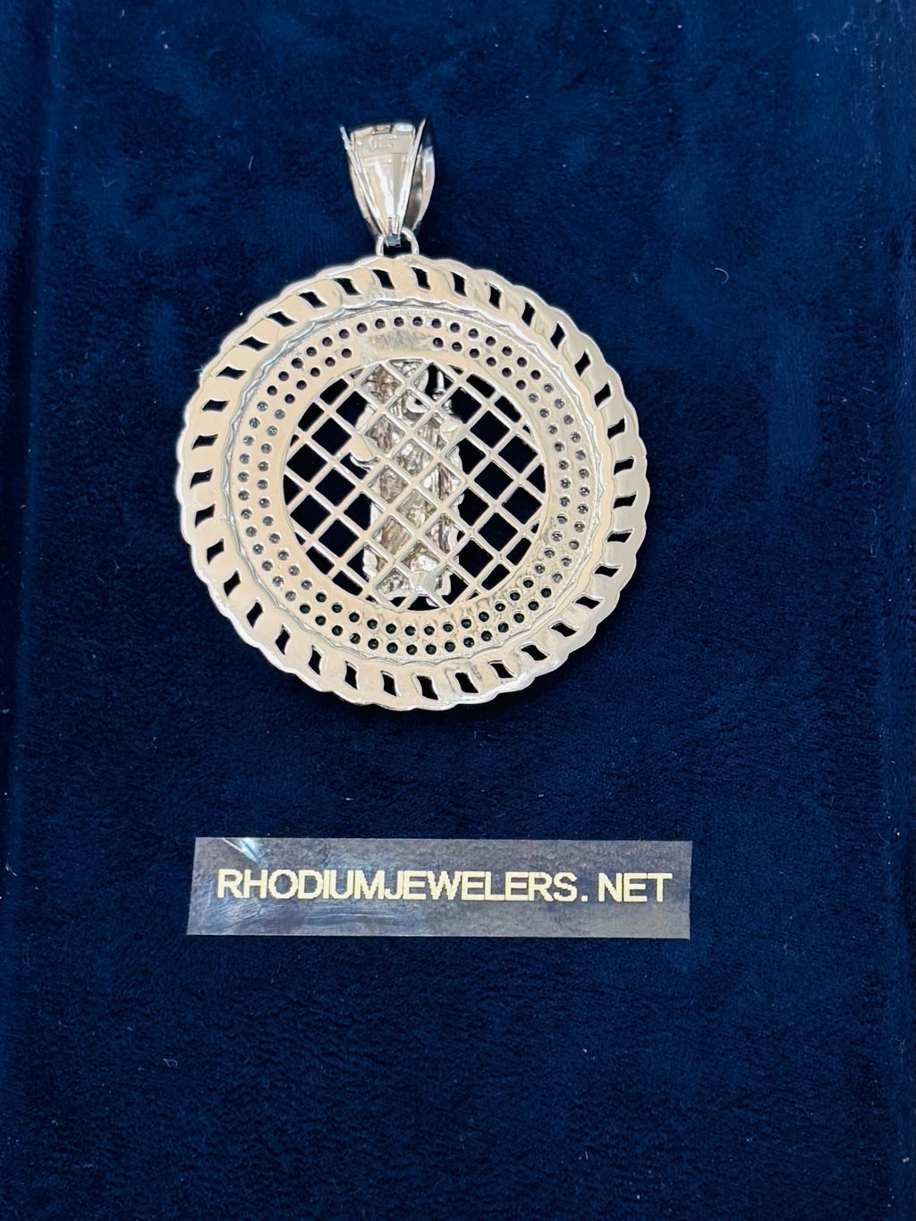 San Judas Tadeo Medallion Pendant in Sterling Silver CZ Stones