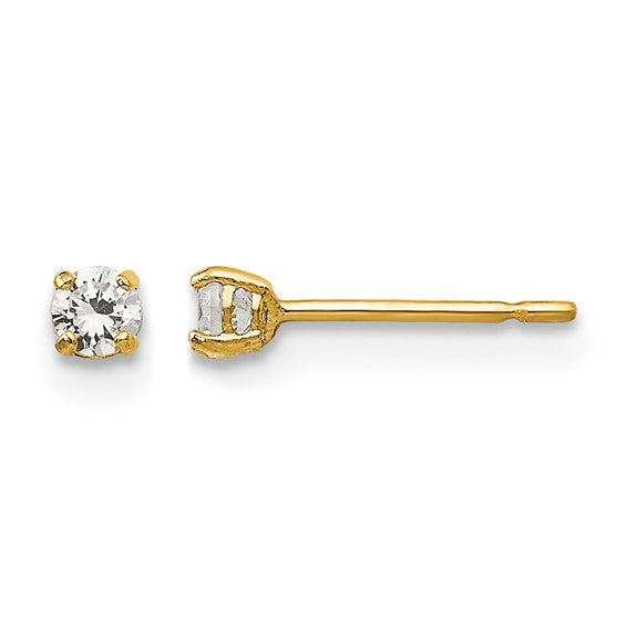 14K Yellow Gold Cubic Zirconia Stud Earrings 2.5mm Round.