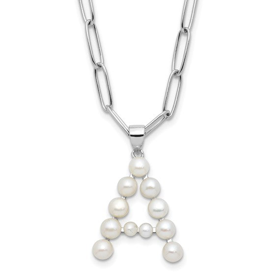 Sterling Silver White Pearl Letter "A" Initial Pendant Necklace on Paperclip Chain (18 Inch)