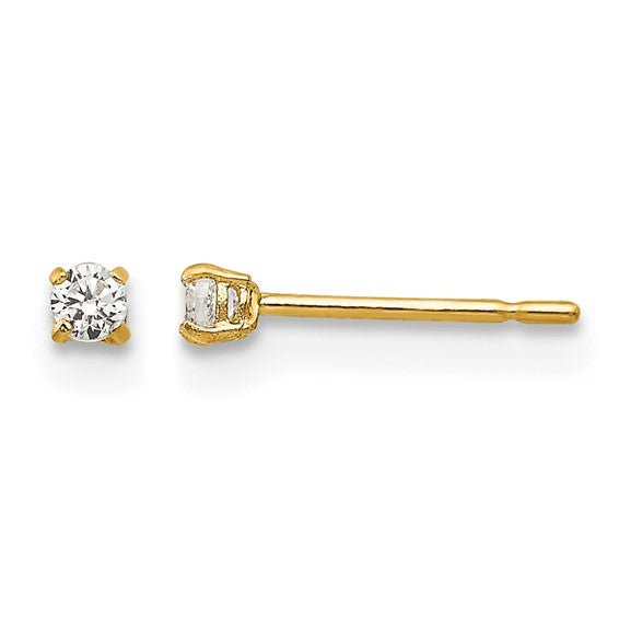 14K Yellow Gold Cubic Zirconia Stud Earrings 2mm Round.