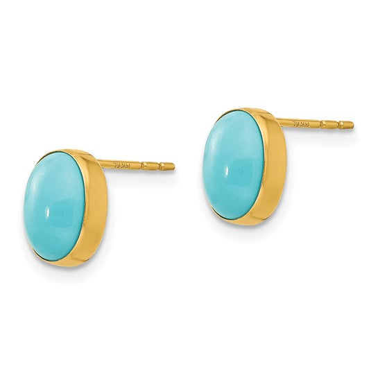 14K Solid Gold Oval Turquoise Stud Earrings