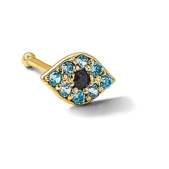 14K Solid Gold Evil Eye Cubic Zirconia Nostril Piercing Stud (20 Gauge)