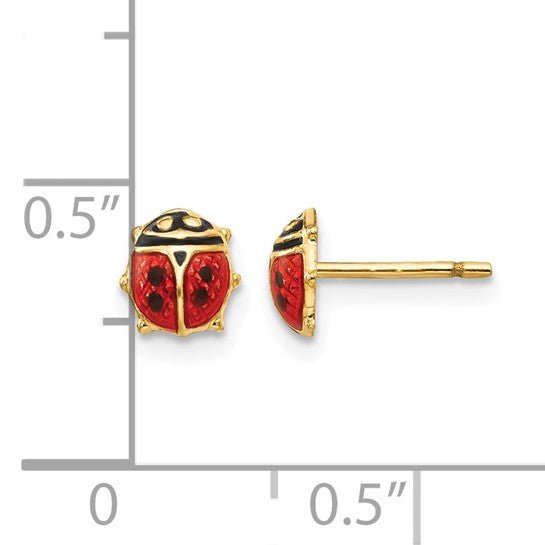 14K Solid Gold Red Enamel Ladybug Stud Earrings