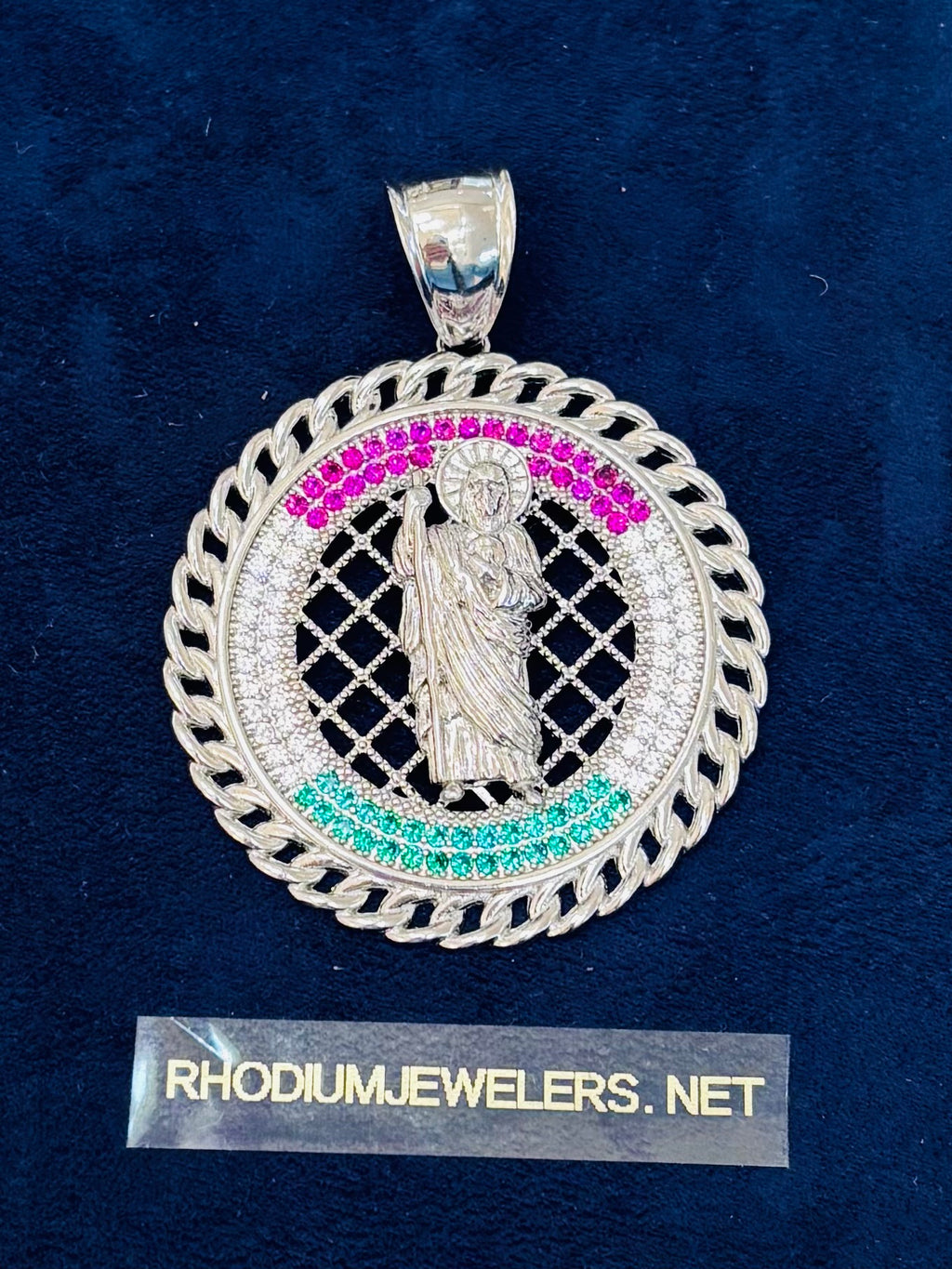 San Judas Tadeo Medallion Pendant in Sterling Silver CZ Stones