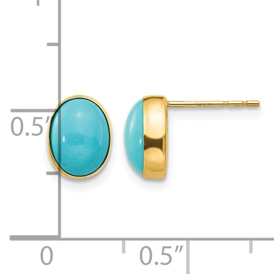 14K Solid Gold Oval Turquoise Stud Earrings