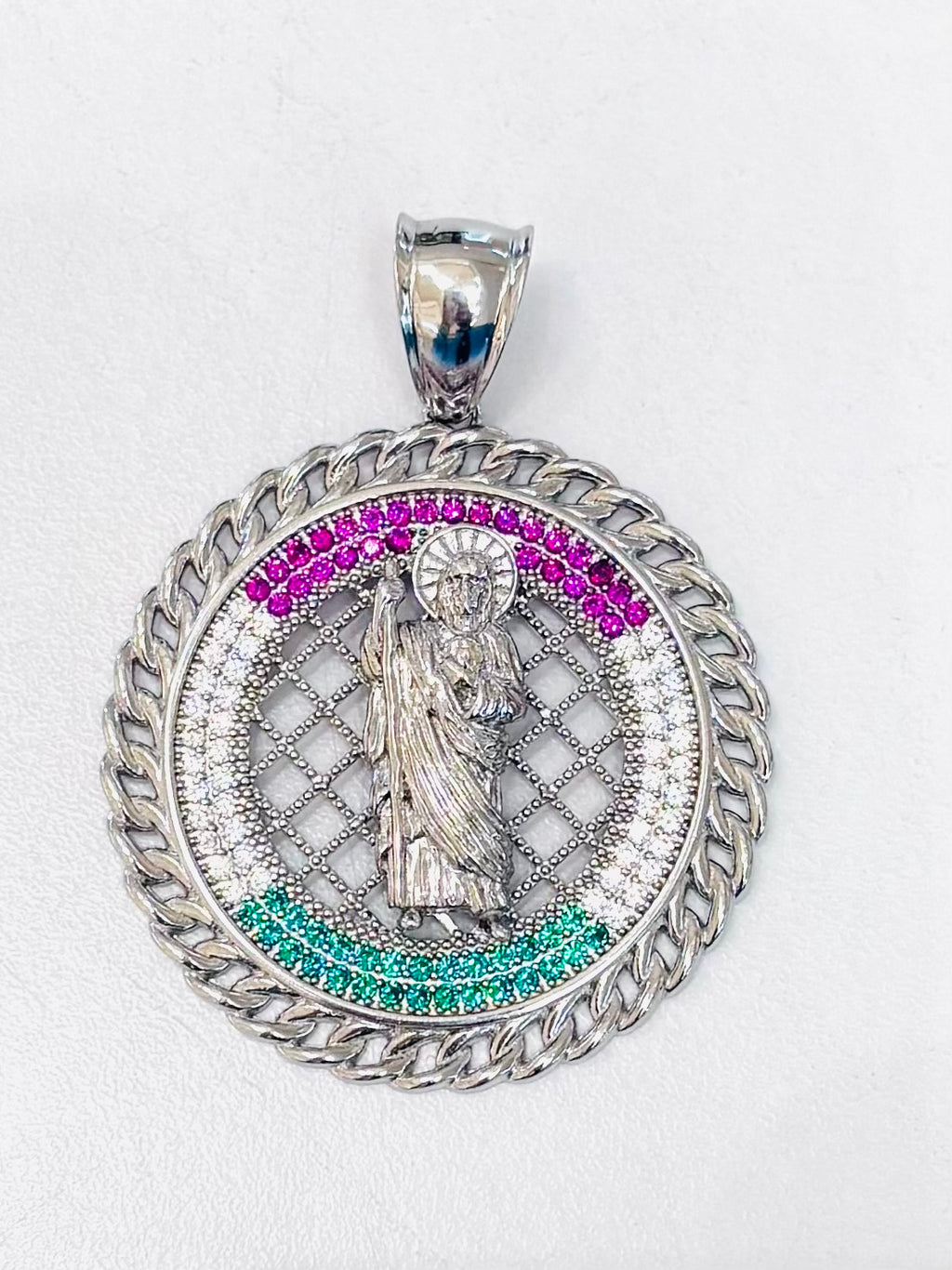 San Judas Tadeo Medallion Pendant in Sterling Silver CZ Stones