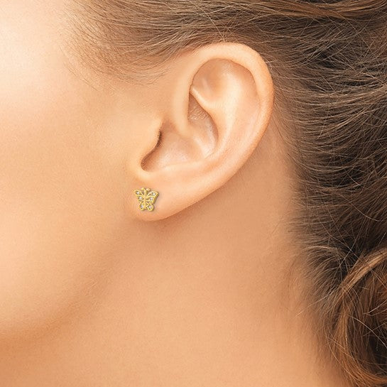 14K Solid Gold CZ Butterfly Stud Earrings