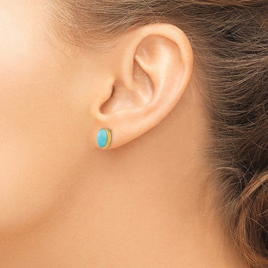 14K Solid Gold Oval Turquoise Stud Earrings