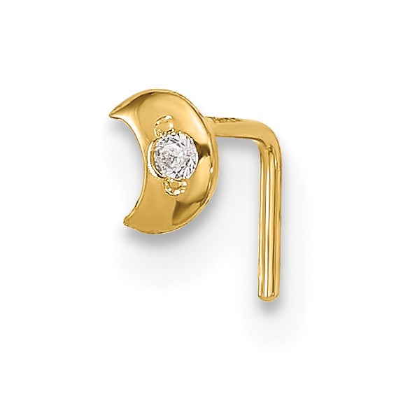 14K Yellow Gold Cubic Zirconia Crescent Moon L-Shape Nose Stud Piercing Ring (23 Gauge)