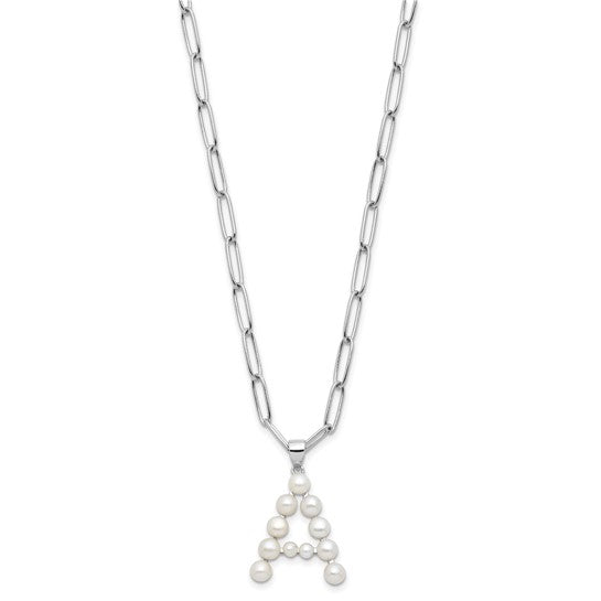 Sterling Silver White Pearl Letter "A" Initial Pendant Necklace on Paperclip Chain (18 Inch)