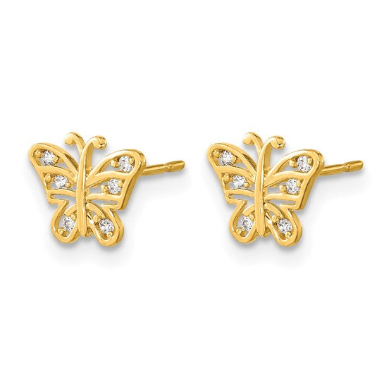 14K Solid Gold CZ Butterfly Stud Earrings