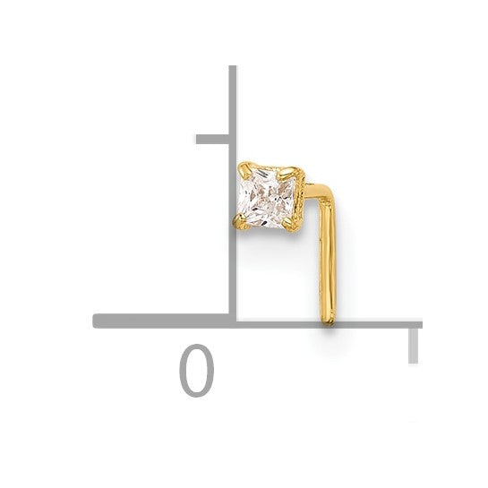 14K Yellow Gold Square CZ L-Shape Nose Stud (22 Gauge)