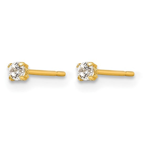 14K Yellow Gold Cubic Zirconia Stud Earrings 2mm Round.