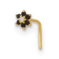 14K Yellow Gold Black & White CZ Flower Nose Ring (L-Bend)