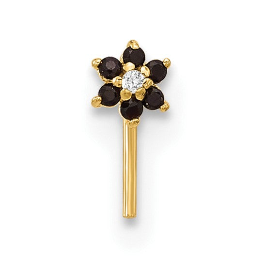 14K Yellow Gold Black & White CZ Flower Nose Ring (L-Bend)