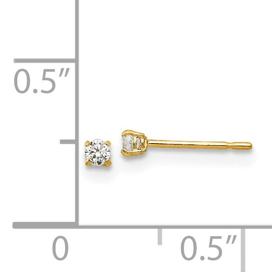 14K Yellow Gold Cubic Zirconia Stud Earrings 2mm Round.
