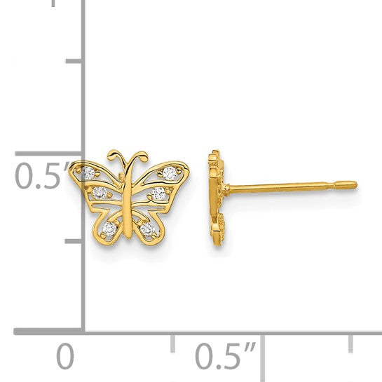 14K Solid Gold CZ Butterfly Stud Earrings