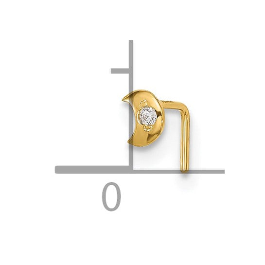 14K Yellow Gold Cubic Zirconia Crescent Moon L-Shape Nose Stud Piercing Ring (23 Gauge)