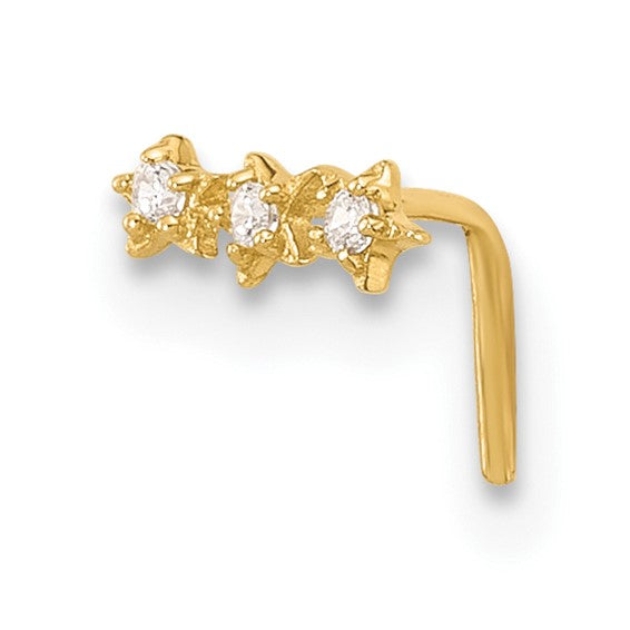 14K Yellow Gold Three-Stone Cubic Zirconia Star Nose Ring (L-Bend)