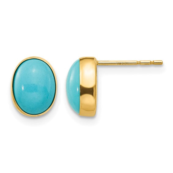 14K Solid Gold Oval Turquoise Stud Earrings