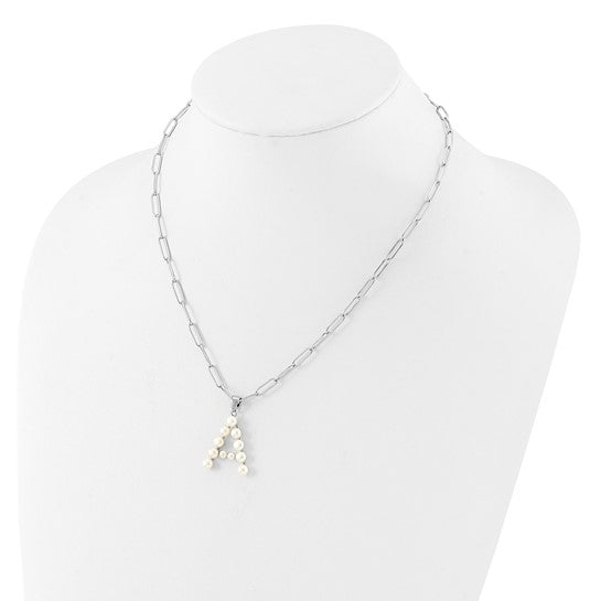 Sterling Silver White Pearl Letter "A" Initial Pendant Necklace on Paperclip Chain (18 Inch)