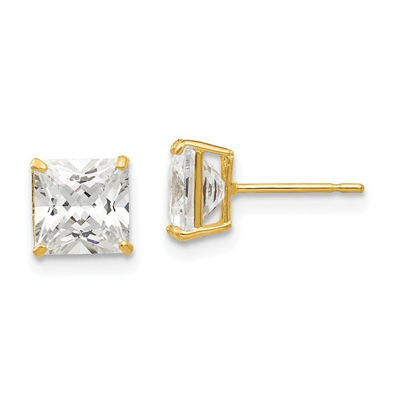 14K Yellow Gold Cubic Zirconia Stud Earrings 6mm Square Cut