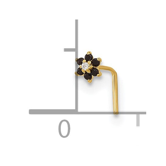 14K Yellow Gold Black & White CZ Flower Nose Ring (L-Bend)