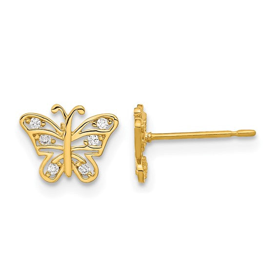 14K Solid Gold CZ Butterfly Stud Earrings