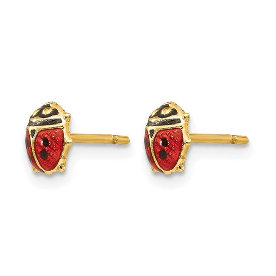14K Solid Gold Red Enamel Ladybug Stud Earrings