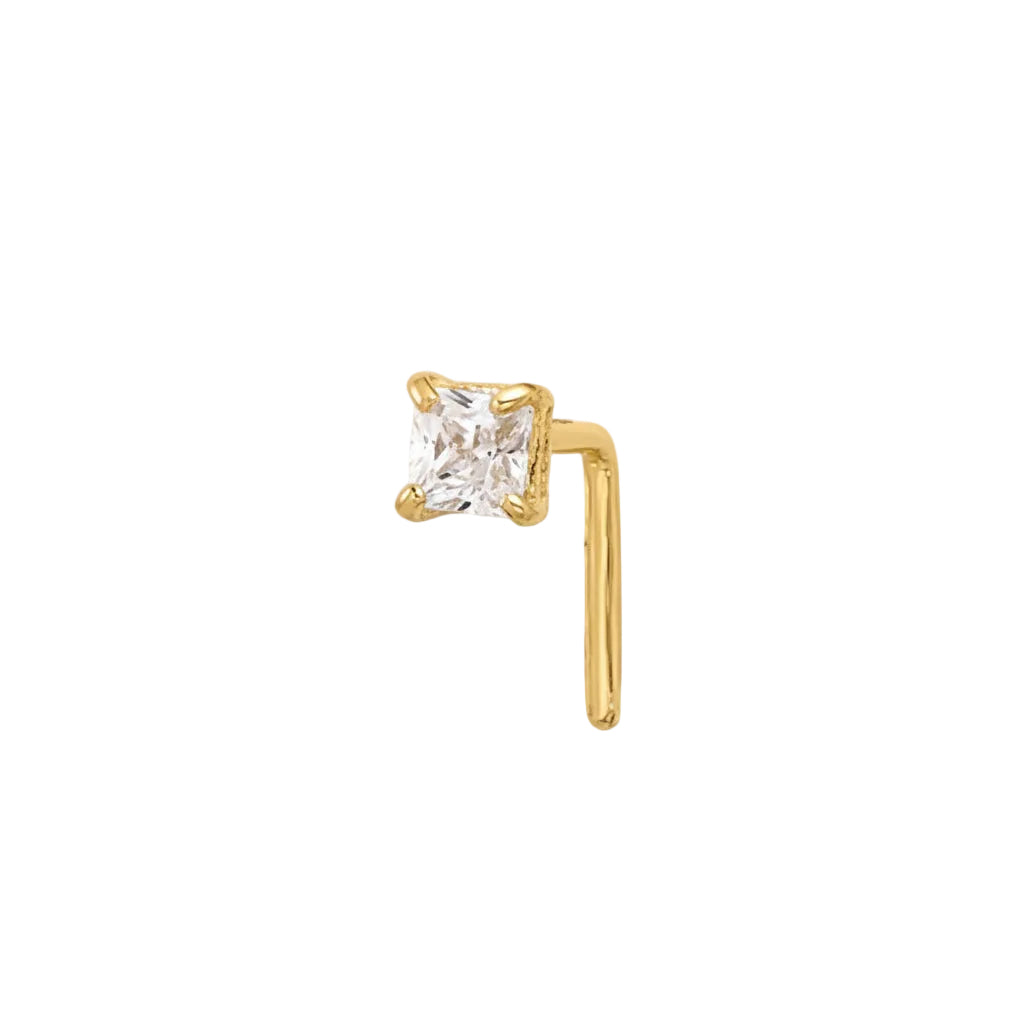 14K Solid Gold Nose Ring L Shape princess cut (22G)